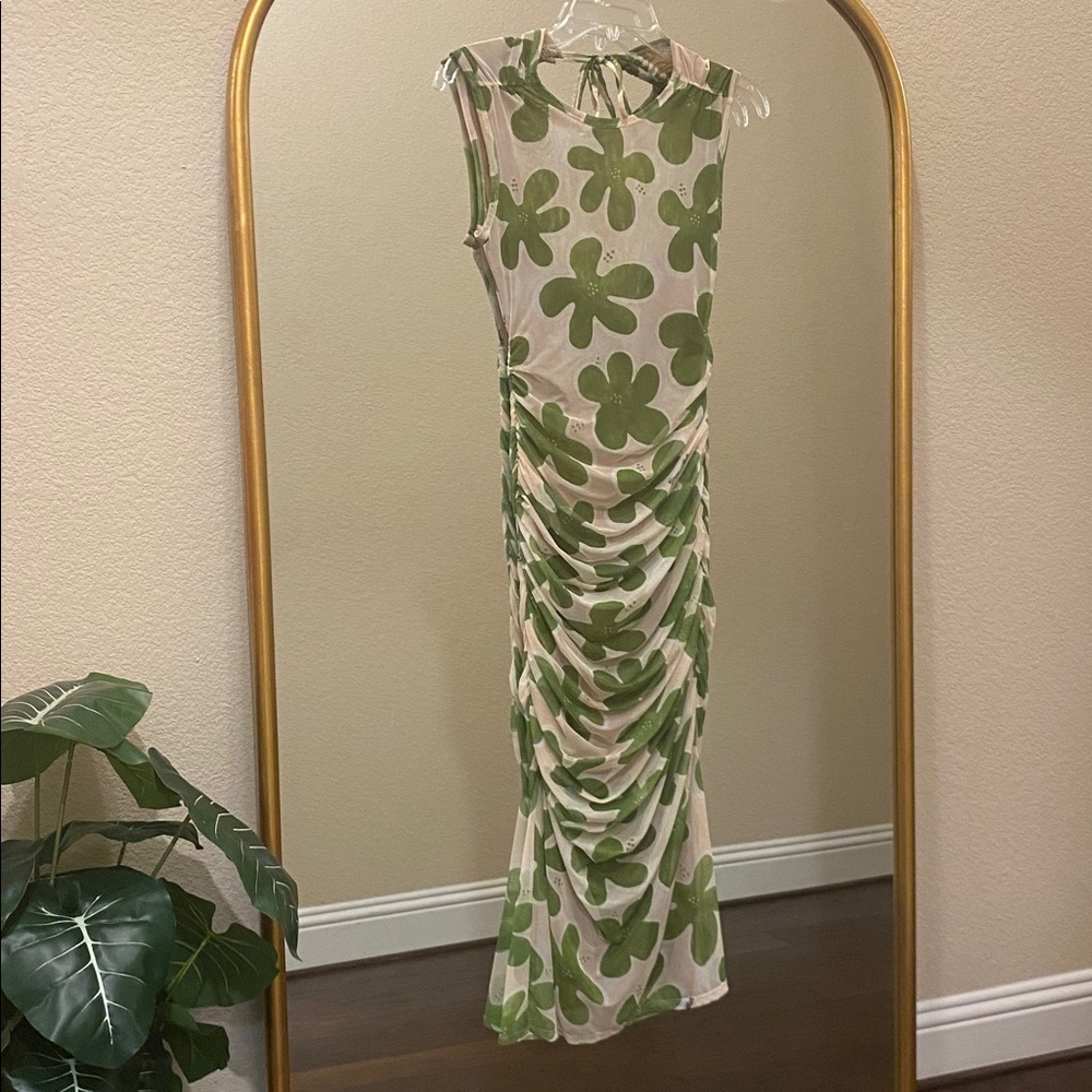 Simon Miller Tangier Printed Mesh Midi Dress in Green Seashell Flora Size L - Picture 6 of 15